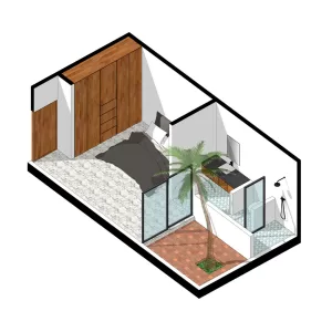 Isométrico - Diseño de habitación con baño y patio