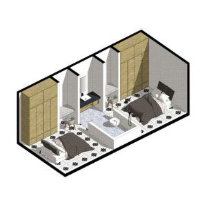 Isométrico - Diseño de habitaciones con baño compartido