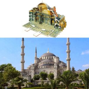 Santa Sofía (Estambul, 537 d.C.). Obra cumbre del periodo justinianeo, con su cúpula de 31m de diámetro que parece flotar sobre un anillo de luz. Combinó basilica romana con planta centralizada.