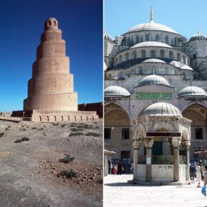 Gran Mezquita de Samarra (Irak, 852 d.C.): Minarete en espiral de 52m de altura. Mezquita Azul (Estambul, 1616): 20,000 azulejos handmade y 6 minaretes.