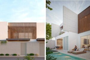 Renders de fachada de casa moderna y patio jardín con piscina