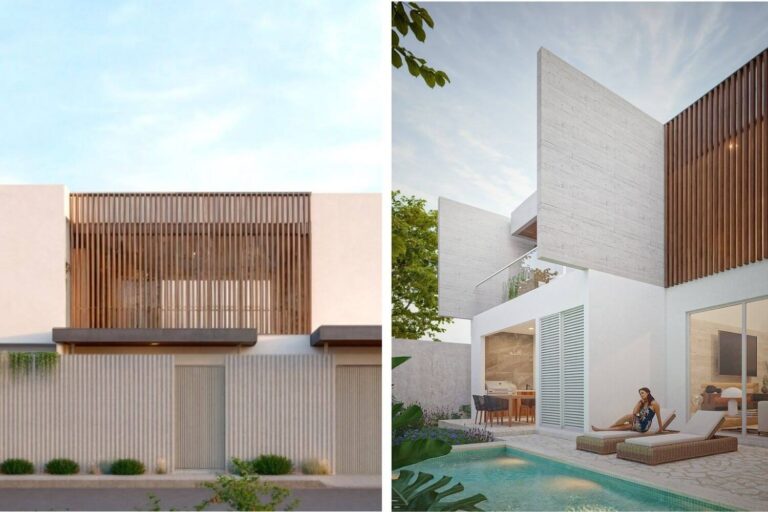 Renders de fachada de casa moderna y patio jardín con piscina