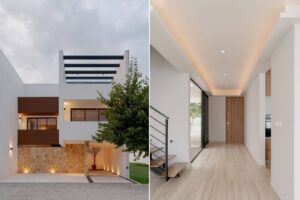 Fachada moderna con piedra y cochera y pasillo de escalera en Casa Pino 9 por BASALTO 10 VEINTIOCHO