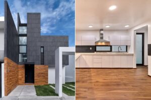 Fachada y Cocina de una casa moderna color blanco y gris. Casa V8 por Racma Arquitectura en Estado de México