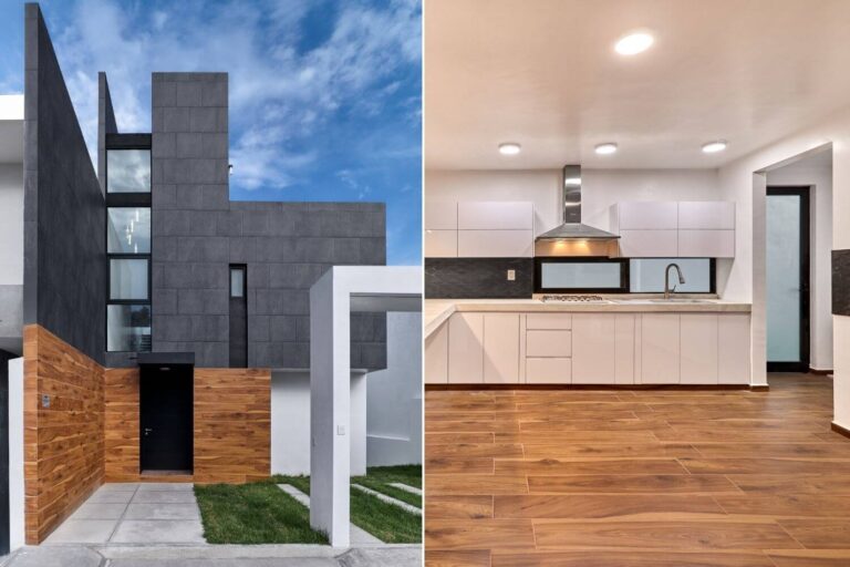 Fachada y Cocina de una casa moderna color blanco y gris. Casa V8 por Racma Arquitectura en Estado de México