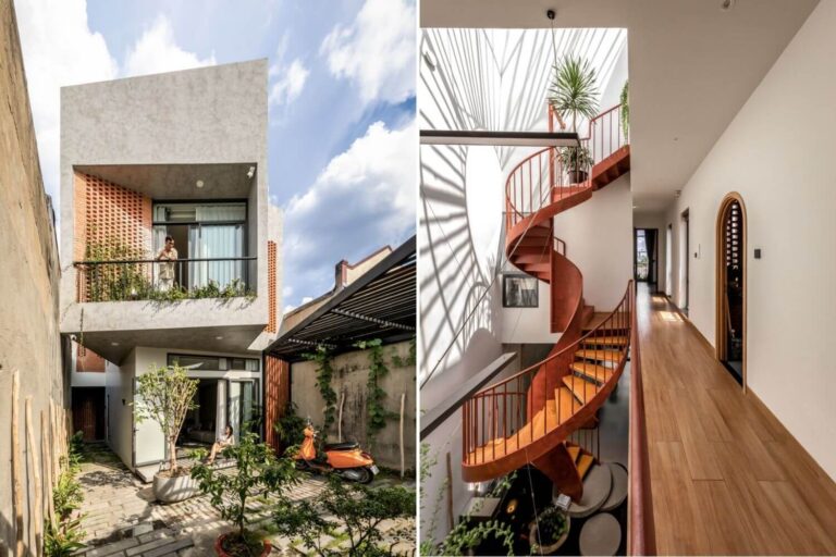 Fachada de casa moderna en vietnam con celosia de barro y concreto pulido