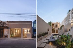 Casa Camila en Yucatán. Fachada y patio jardín con alberca