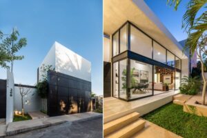 Fachada moderna, patio interior con grandes ventanales. Casa Trucus en Yucatan