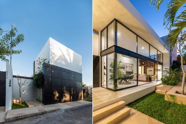 Fachada moderna, patio interior con grandes ventanales. Casa Trucus en Yucatan