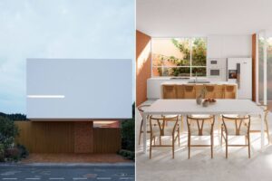 Render, fachada. Render interior, cocina. Casa Valle imperial