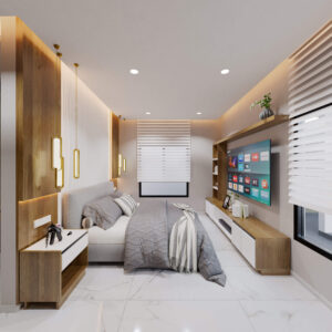 Descubre este proyecto de visualización 3D para una habitación principal que combina texturas de madera natural, iluminación cálida y un diseño funcional de vestidor integrado. Renders de alta calidad para arquitectura.