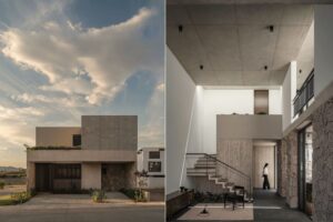 Fachada y sala doble altura. Casa Contreras en Zapopan por Bernardo Bross Arquitectura
