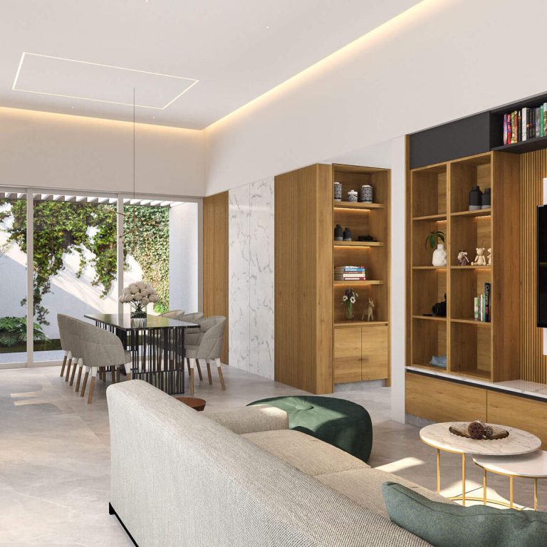 Render sala moderna en Casa 201 por SM Arquitectura