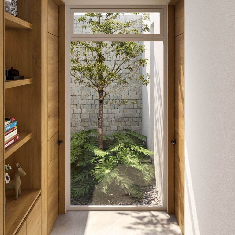 Render ventana de piso a techo con jardin en Casa 201 por SM Arquitectura