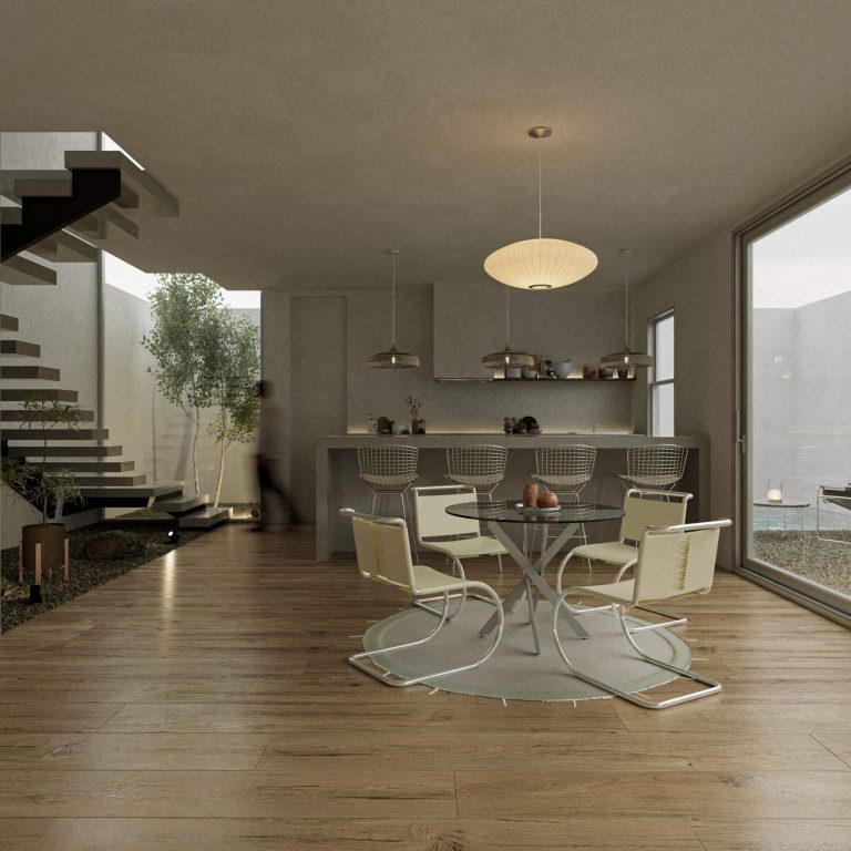 Render comedor cocina con una escalera flotante