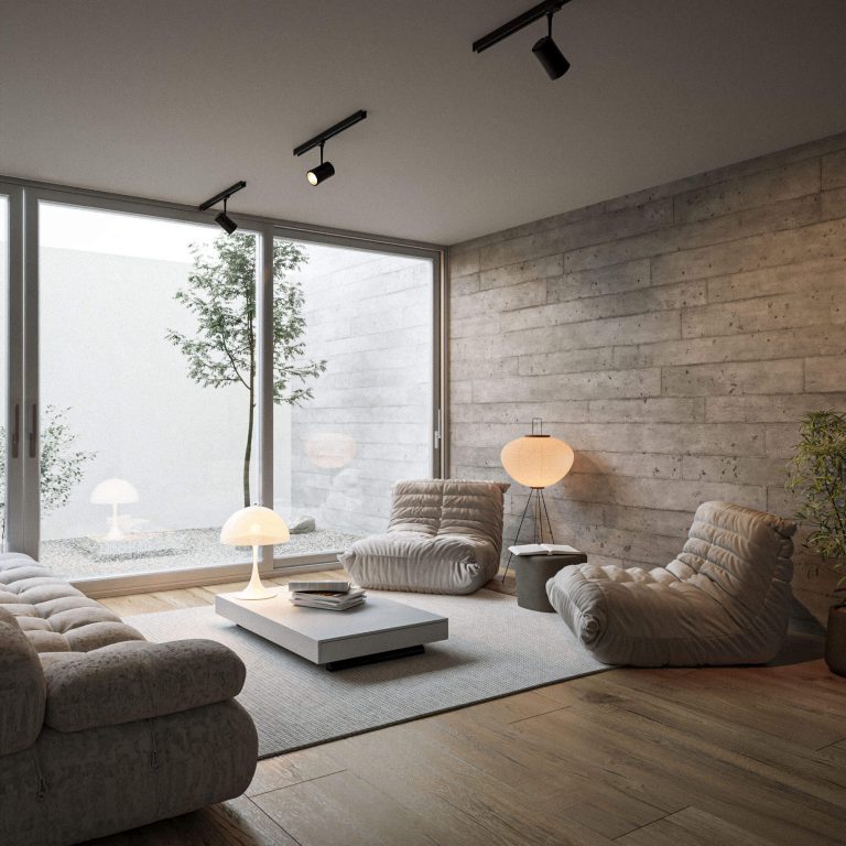Render sala con ventanal de piso techo, estilo minimalista