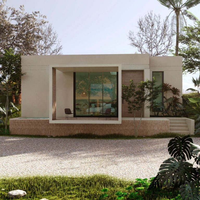 Render, archviz, Casa Bungalow en Yucatán: Diseño residencial por V+A Arquitectura. Rendeer de fachada en dia soleado