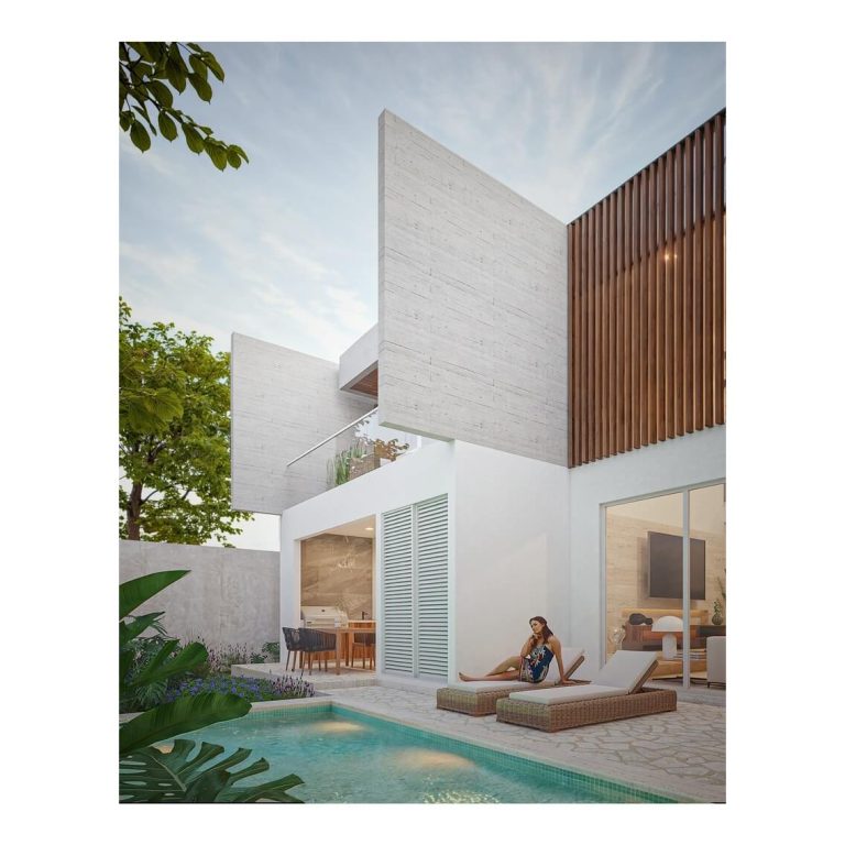 Render de fachada posterior con albercas y jardin