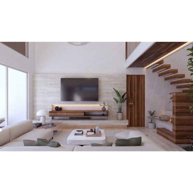 Render de sala con escalera y mueble de tv con muebles de sala
