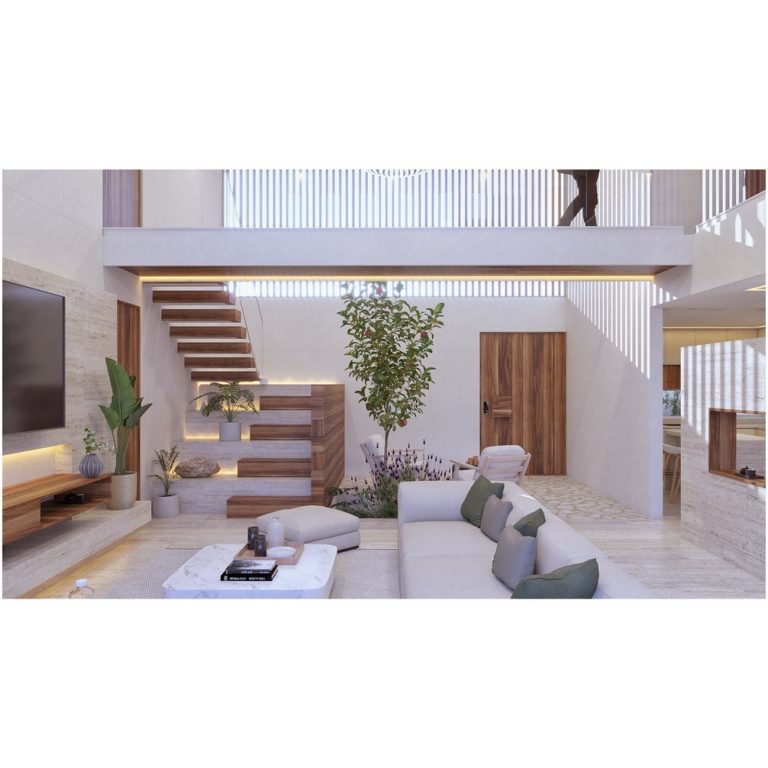 Render Sala moderna con escalera y jardín interior