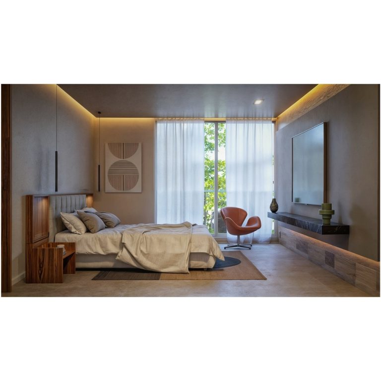 Render de habitación moderna con ventana de piso a techo y lamparas colgantes