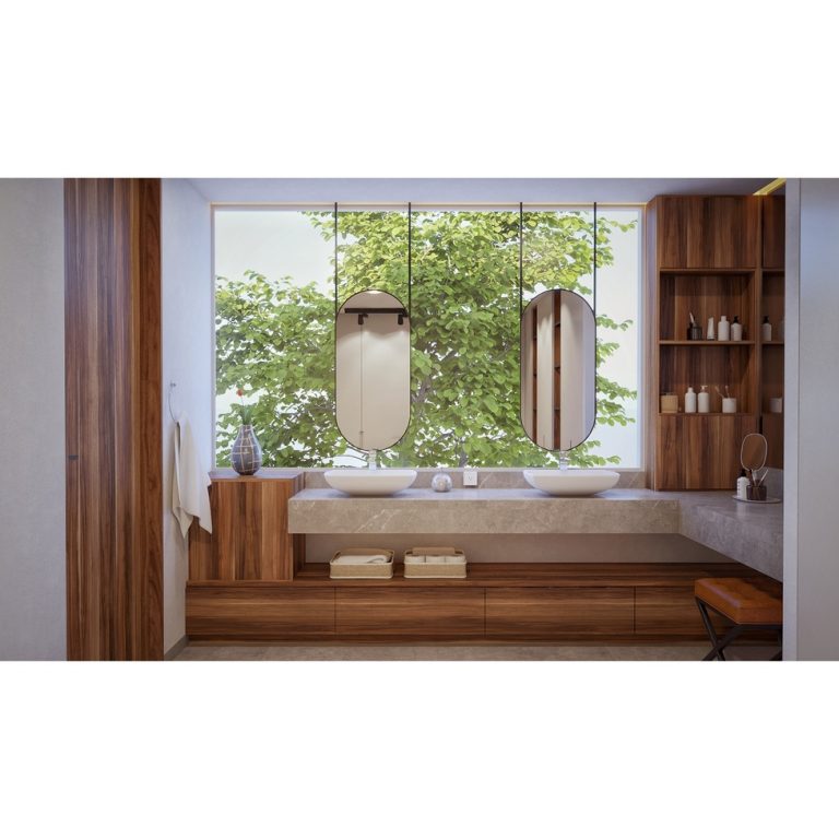 Render de baño moderno con madera
