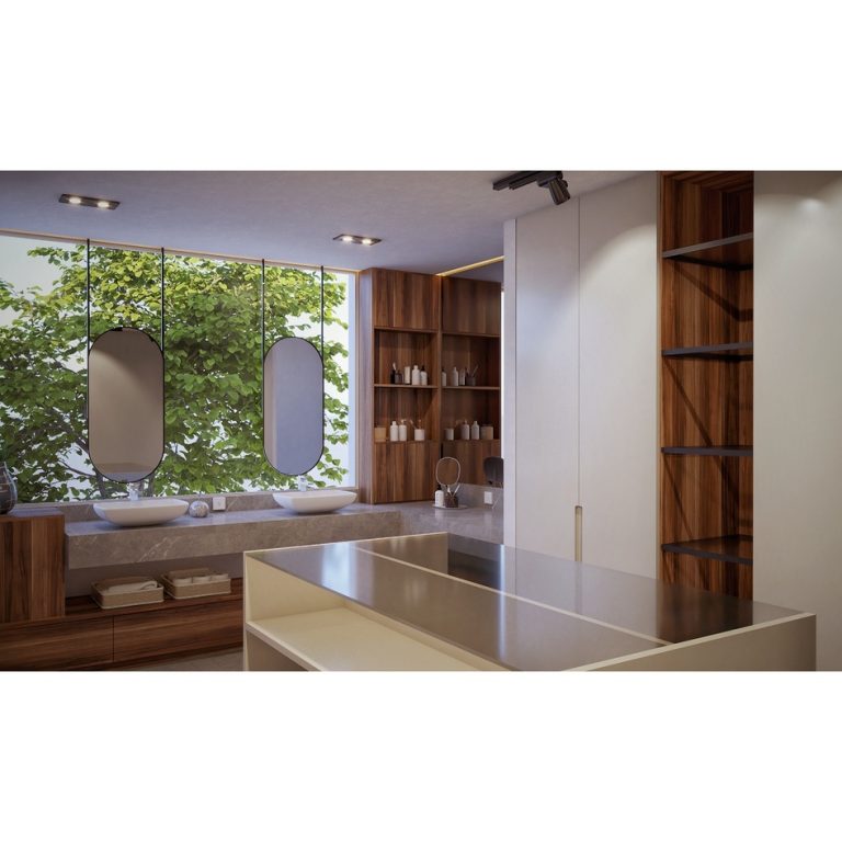 Render de baño moderno con madera