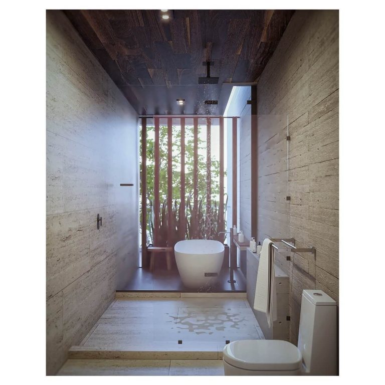 Render de baño moderno de concreto aparente