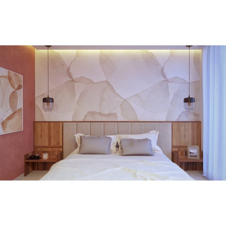 Render de habitación con mueble de cama