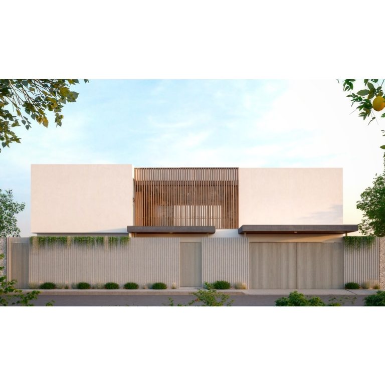 Render de fachada moderna con celocia
