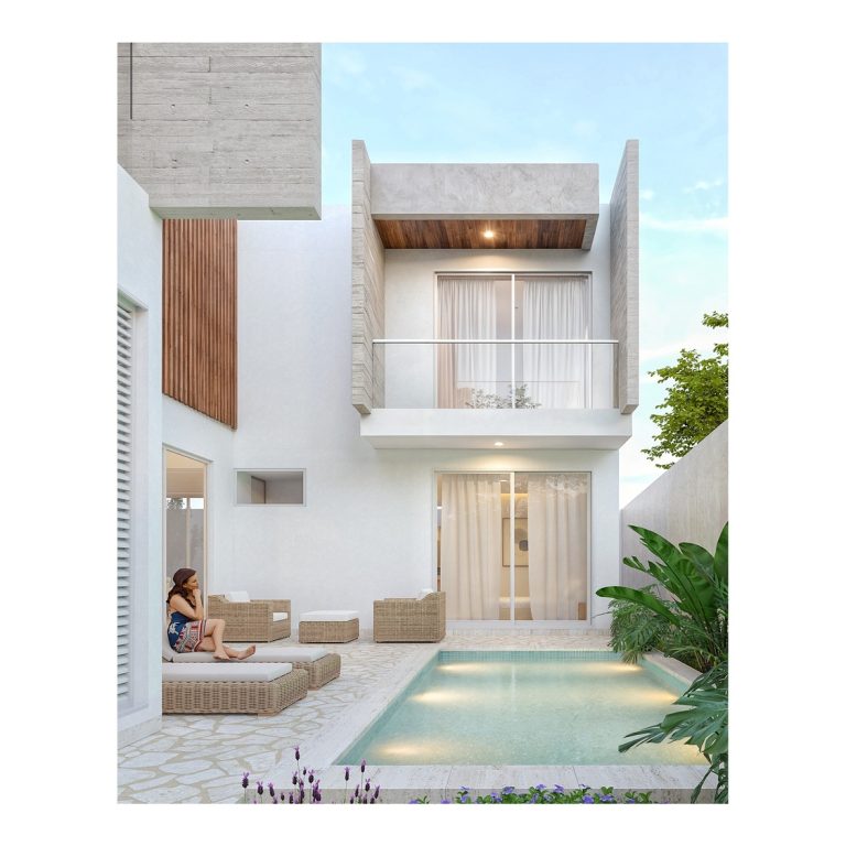 Render de fachada posterior con albercas y jardin