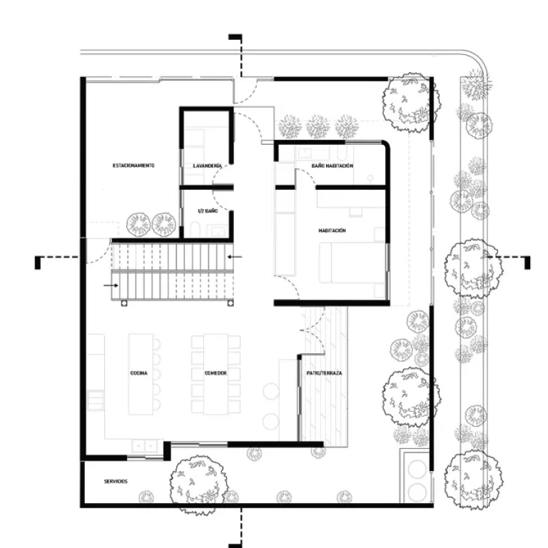 Planos Arquitectónicos. Planos de Casa Estudiantes en Baja California: Plantas, Fachadas y Cortes. Arquitectura Social por BRUTAL Taller de Arquitectura
