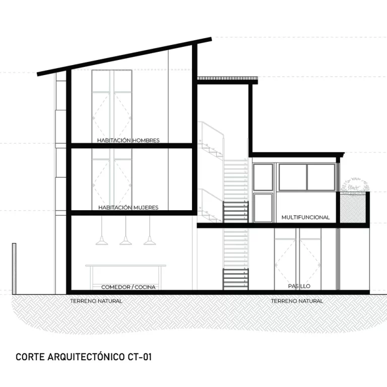 Planos Arquitectónicos. Planos de Casa Estudiantes en Baja California: Plantas, Fachadas y Cortes. Arquitectura Social por BRUTAL Taller de Arquitectura