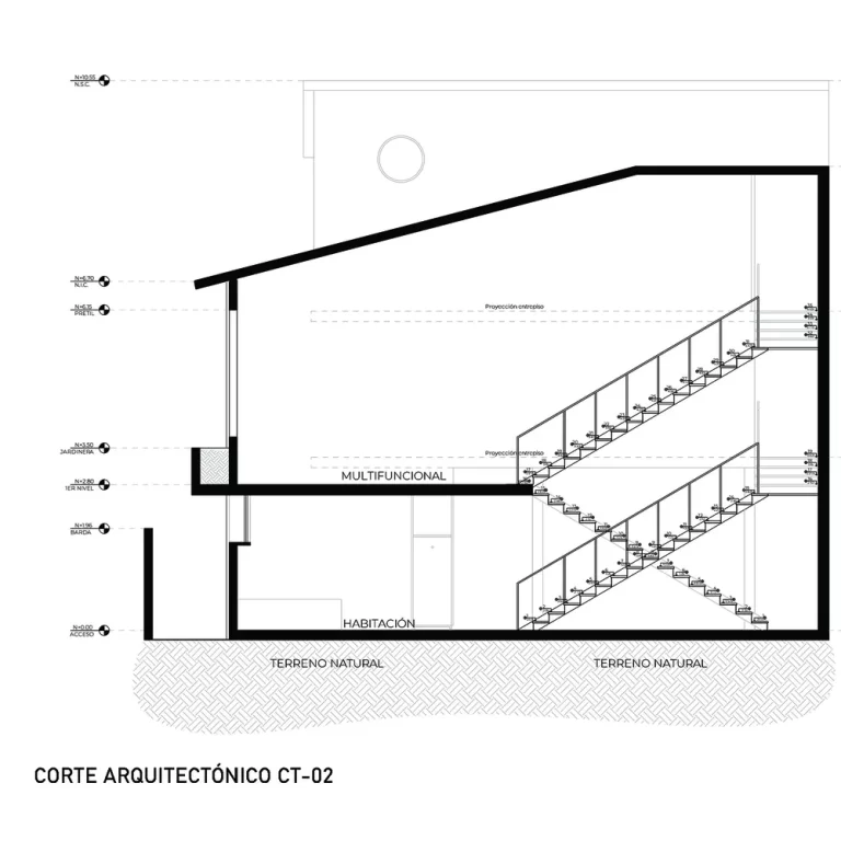 Planos Arquitectónicos. Planos de Casa Estudiantes en Baja California: Plantas, Fachadas y Cortes. Arquitectura Social por BRUTAL Taller de Arquitectura