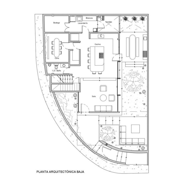 Planta Arquitectónica baja de Casa Mexzen por Andrés Mendizábal Estudio