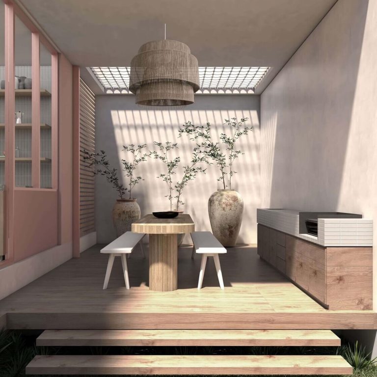 Renders. Una moderna cocina al aire libre con mesa y sillas.