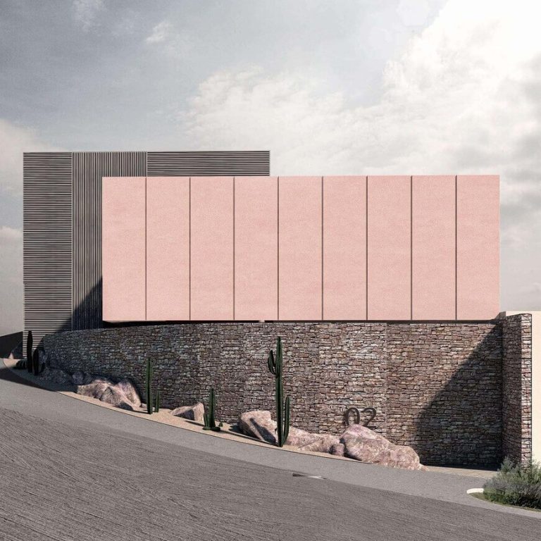 Una representación de un edificio con paredes rosas.