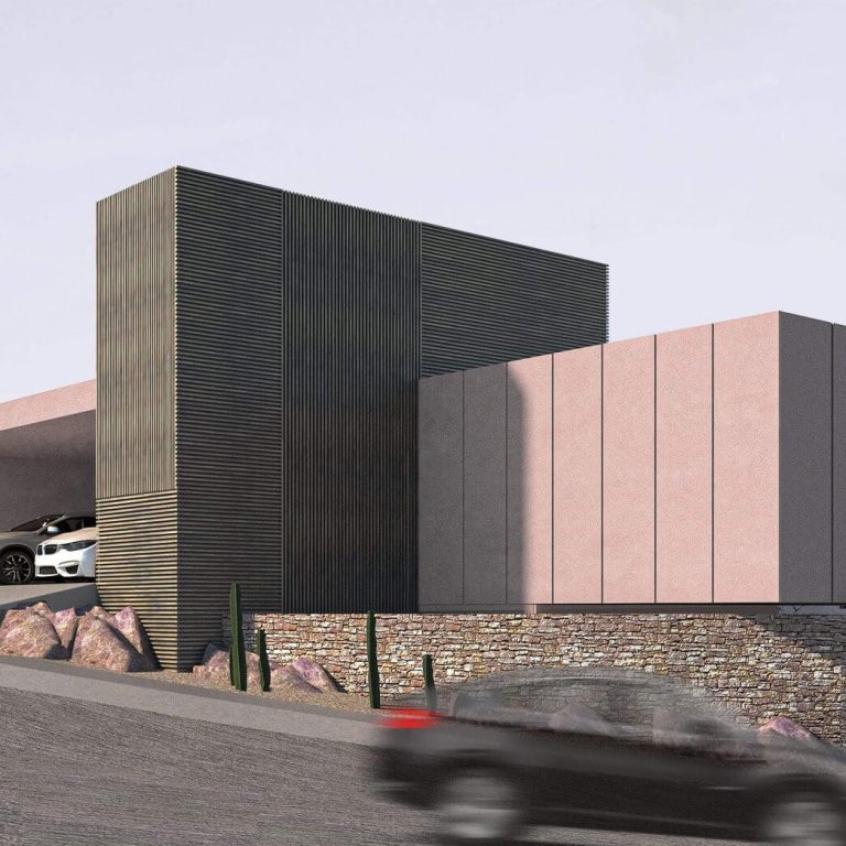 Render, fachada de casa color rosa, moderna, Casa Mexzen por Andrés Mendizábal Estudio