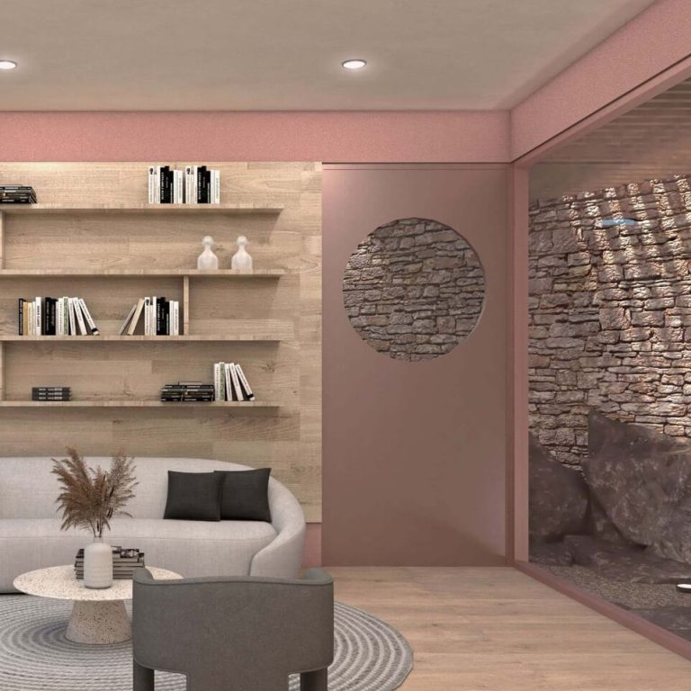 Render de sala de casa en colores rosa