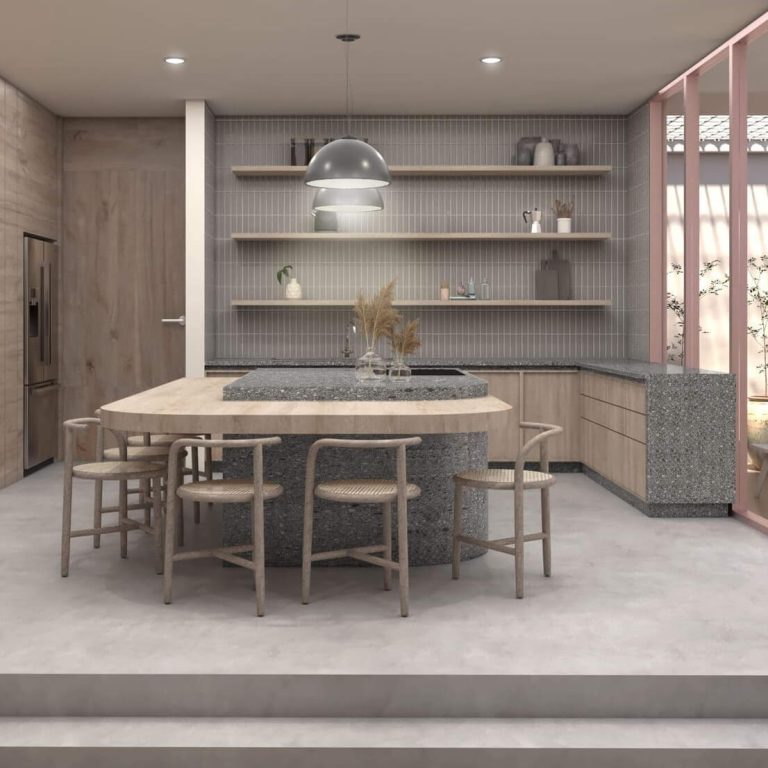 Render. Una cocina con una gran isla y sillas de madera.
