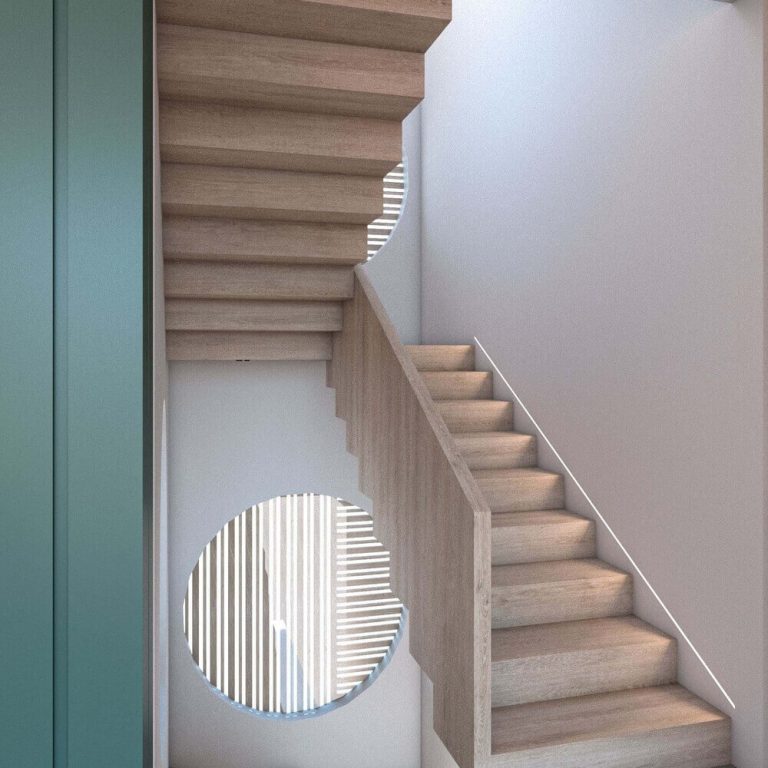 Renders. Una escalera con escalones de madera y una ventana circular.