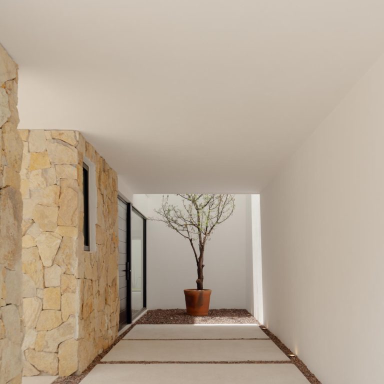 pasillo de acceso con un jardin y mueros de piedra