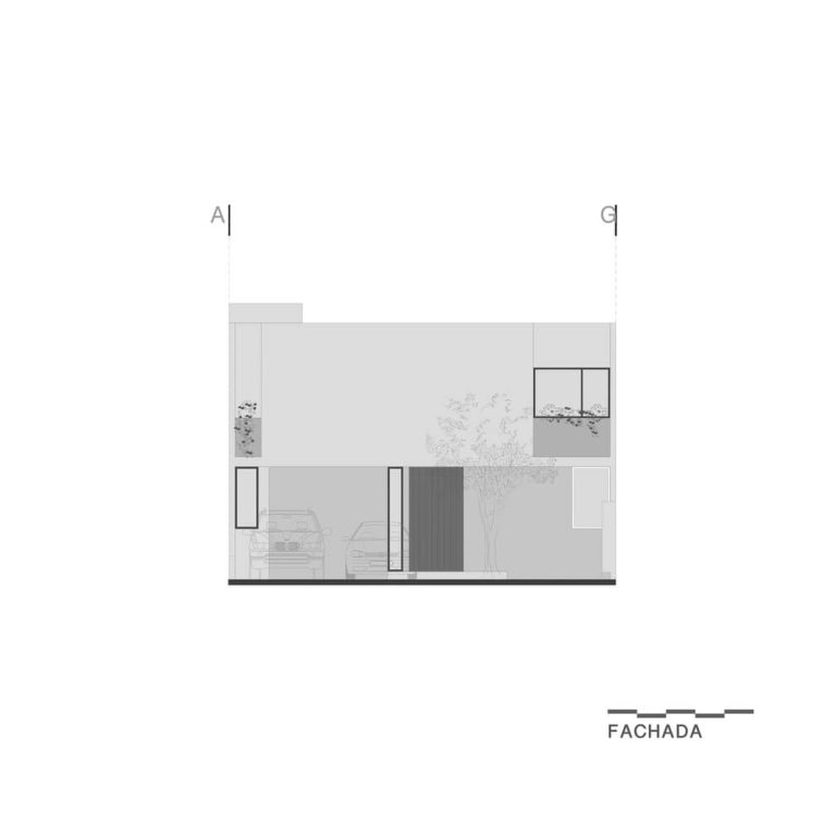 Fachada, alzado, frontal de Casa San Martín en Querétaro por Toru Arquitectos - Plano Arquitectonico