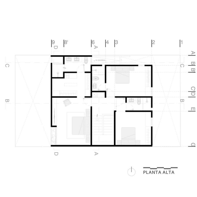Planta Arquitectónica alta de Casa San Martín en Querétaro por Toru Arquitectos - Plano Arquitectónico