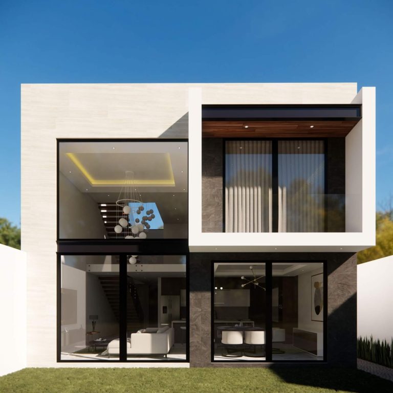 Render facahada posterior con grandes ventanales y jardin