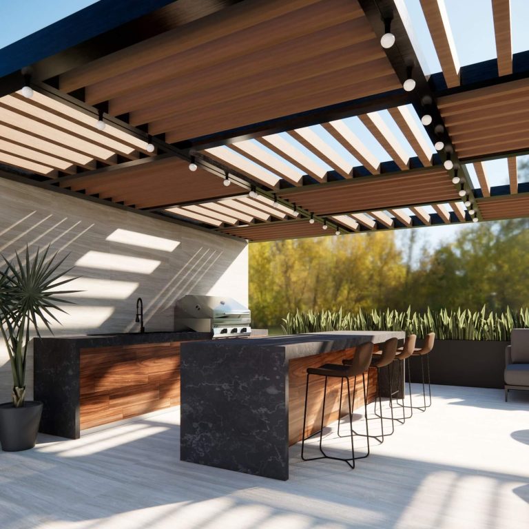 Render, asador terraza con pergola de madera