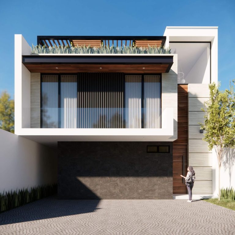 Render fachada de casa moderna de 2 nives con blancon