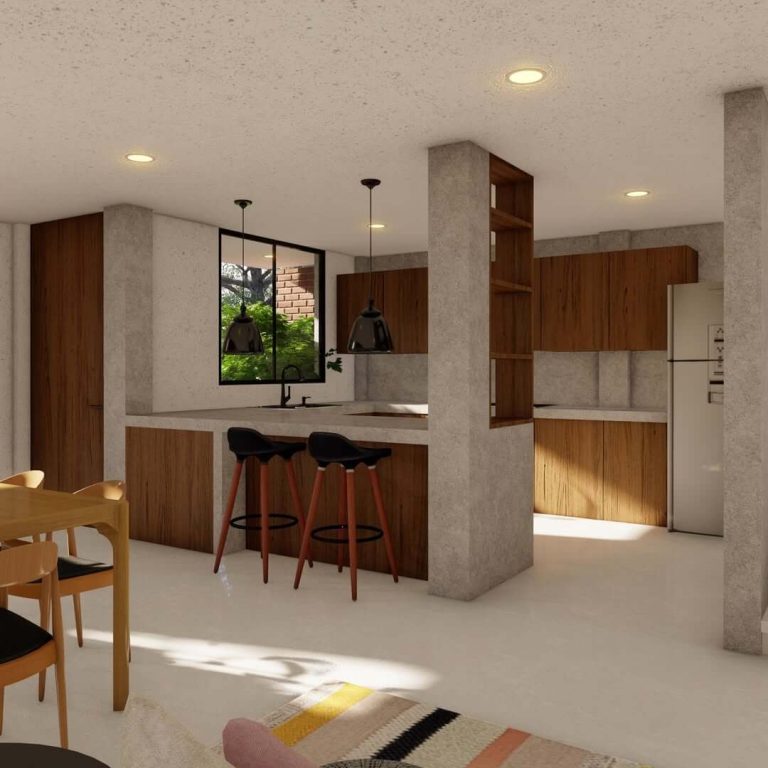 Render. Casa VAD por Nativo Projects. cocina, sala
