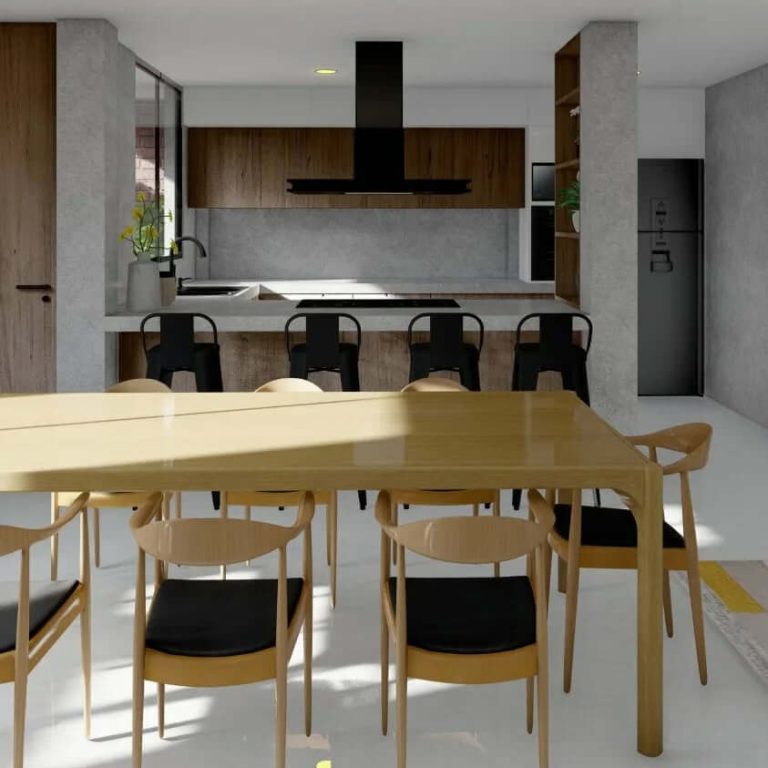 Render. Casa VAD por Nativo Projects. sala, cocina
