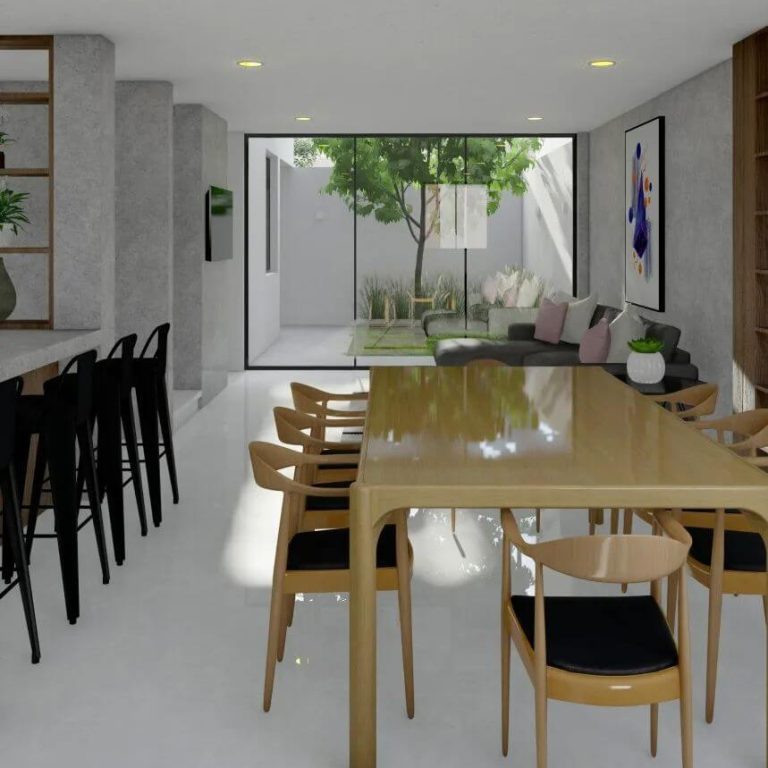 Render. Casa VAD por Nativo Projects. sala, cocina
